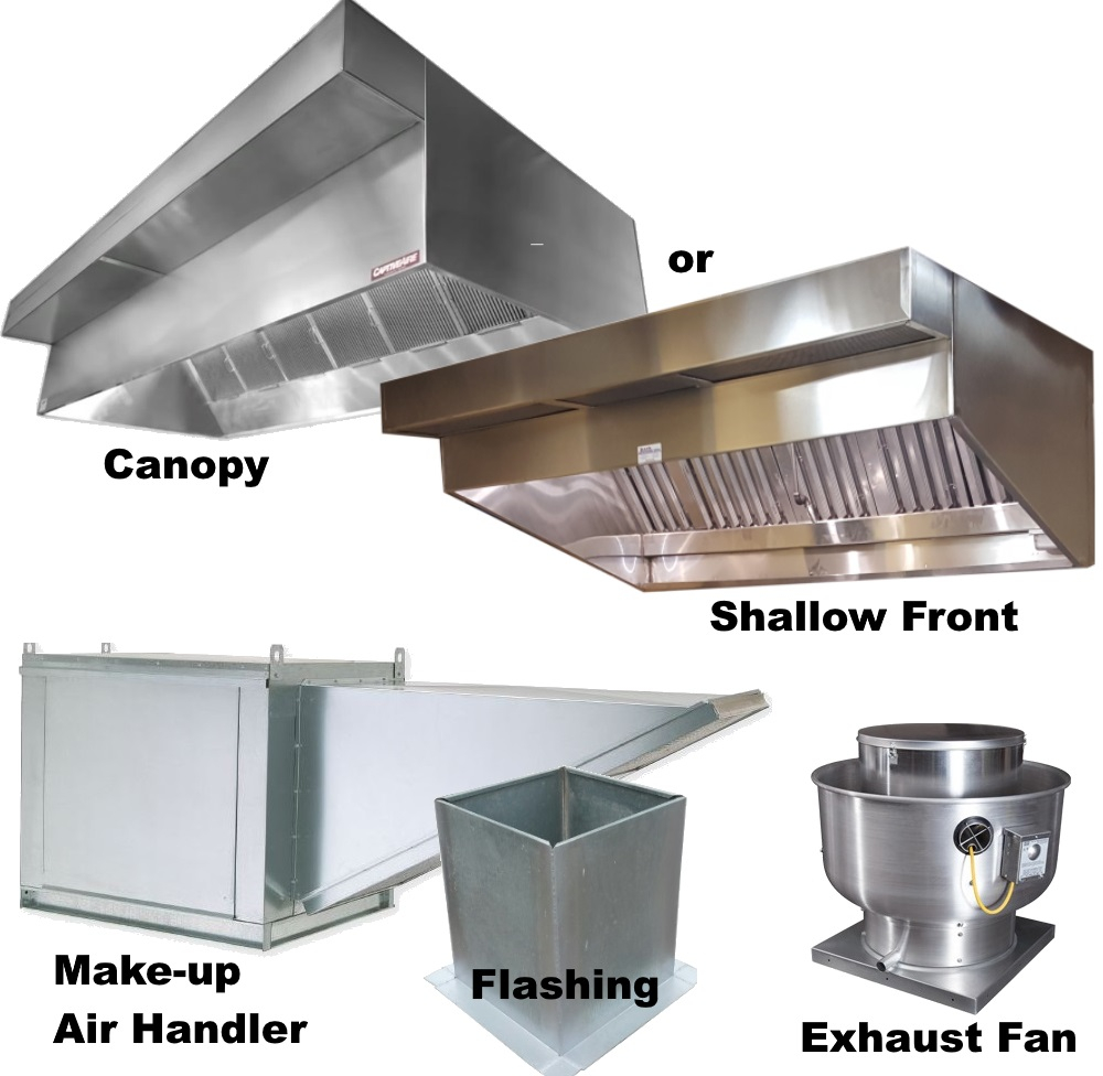 Vent Hoods with Plenum, Exhaust Fan, Make-up Air Fan and Flashing