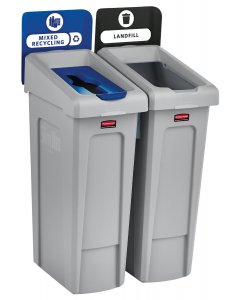 Rubbermaid 2007914 Slim Jim 2-Stream Rectangular Recycling Waste Container / Trash Cans with (1) Landfill, and (1) Mixed Lid 46 gal.
