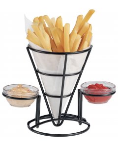 GET 4-361742 Specialty Servingware Black Iron Wire Fry Cone Basket w/ 2 Ramekin Holders 5" x 7"H - 12/Case