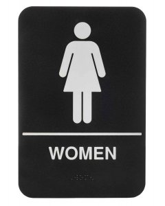 TableCraft 695634 Plastic ADA "Women" Restroom Sign with Braille 6" x 9" - Black / White