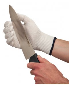 San Jamar DFG1000-M D-Shield Ambidextrous Synthetic Fiber A4-Level Cut-Resistant Glove with Blue Wrist Band - Medium