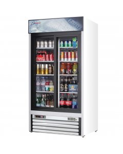 Everest Refrigeration EMGR33 White 2-Section 2 Glass Slide Door Merchandiser Refrigerator 40" - 115v