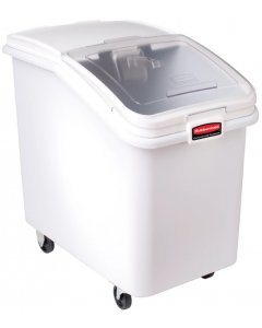 Rubbermaid FG360388WHT ProSave Mobile Slant Front Ingredient Bin with Sliding Hinged Lid & 32 oz Scoop - 600 cup/cap