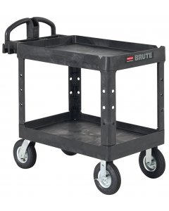 Rubbermaid FG452010BLA Medium Size (2) Lipped Shelf Heavy-Duty Utility Cart with Ergonomic Handle and 8" Pneumatic Casters 45-1/4"L x 25-7/8"W x 37-1/8"H - Black - 500 lb. Capacity