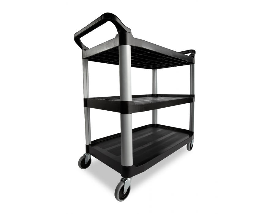 Rubbermaid FG409100BLA Xtra Black 300 lb. Three Shelf Utility Cart / Bus  Cart 40 x 20 x