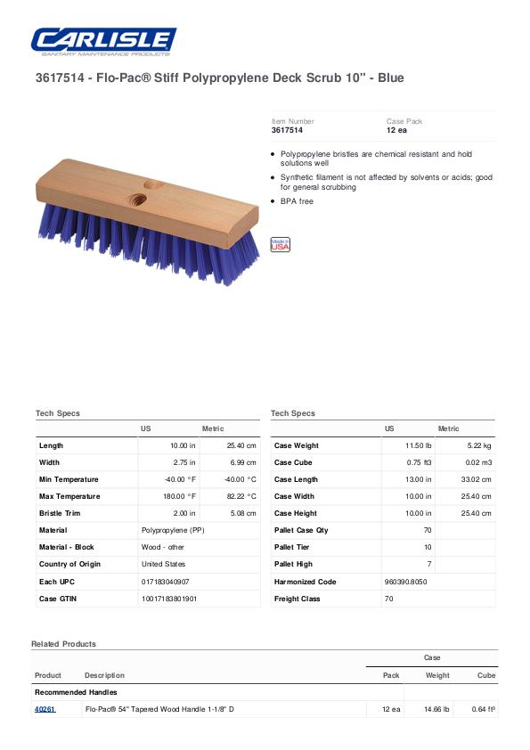 Carlisle Flo Pac Stiff Polypropylene Blue Bristle Wood Block Deck