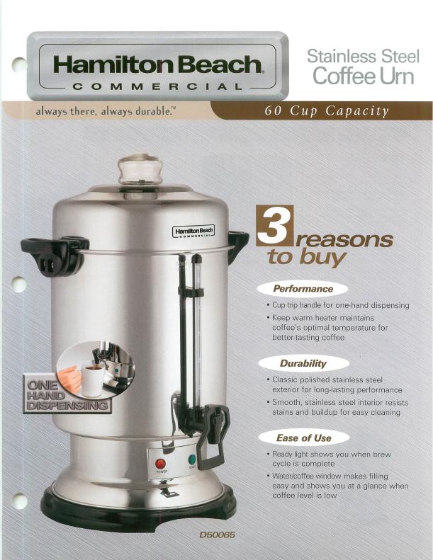 Hamilton Beach Commercial Stainless Steel Coffee Urn, 60 Cup Capacity  D50065, 16